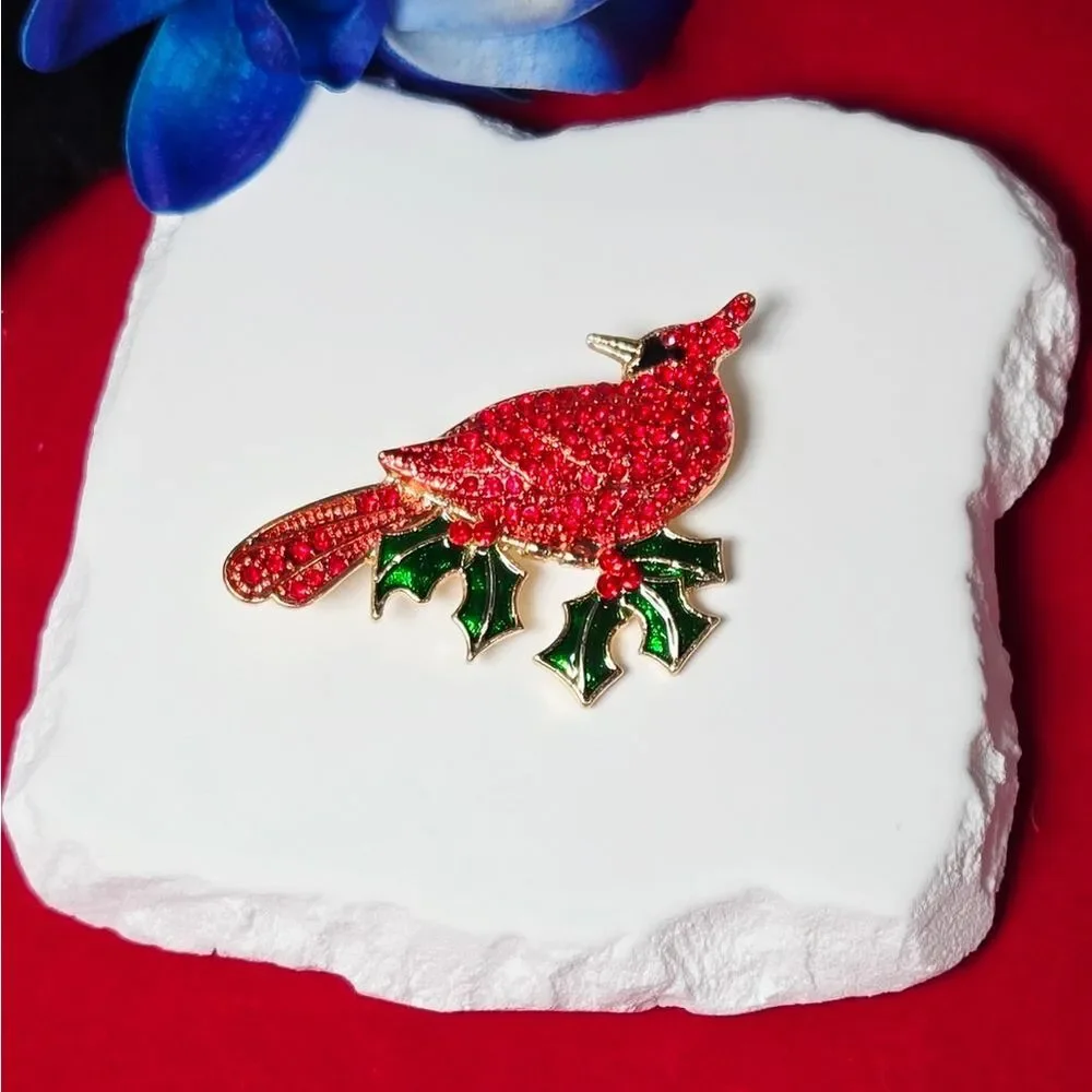 Red Cardinal Rhinestone Brooch – Holly Leaf Scarf Pin NWT Memorial Jewelry Gift